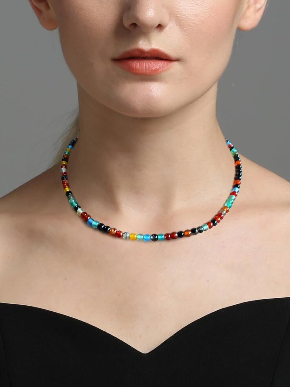 Simple Choker Necklace for Women Real Stone and Crystals Necklaces 4mm Beaded Ch - Picture 2 of 9